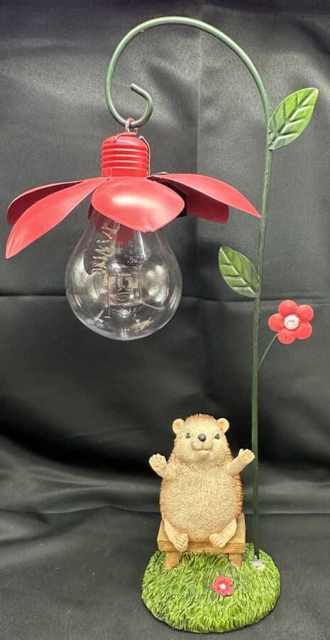 Impuls Polyresin (tuin)dier met lantaarn en solar bloem egel op bankje metalen bloem + kunststof bulb Hoogte 36 x 23 x 9 cm Tuinaccessoires Tuindecoratie
