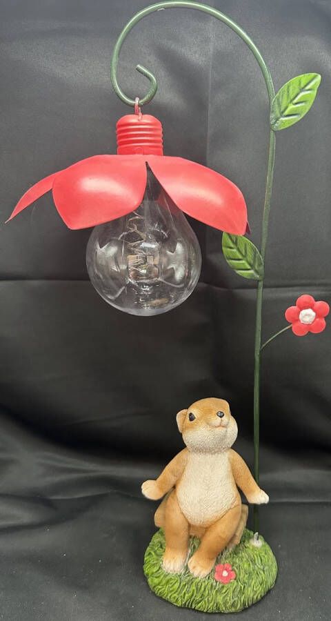 Impuls Polyresin (tuin)dier met lantaarn en solar bloem konijn op bankje metalen bloem + kunststof bulb Hoogte 36 x 23 x 9 cm Tuinaccessoires Tuindecoratie