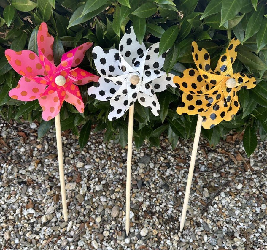 Impuls Set van 3 windmolens kunststof+houten steker bolletjes motief- meerkleurig dia 17 cm x hoogte 48 cm Tuinaccessoires tuinstekers