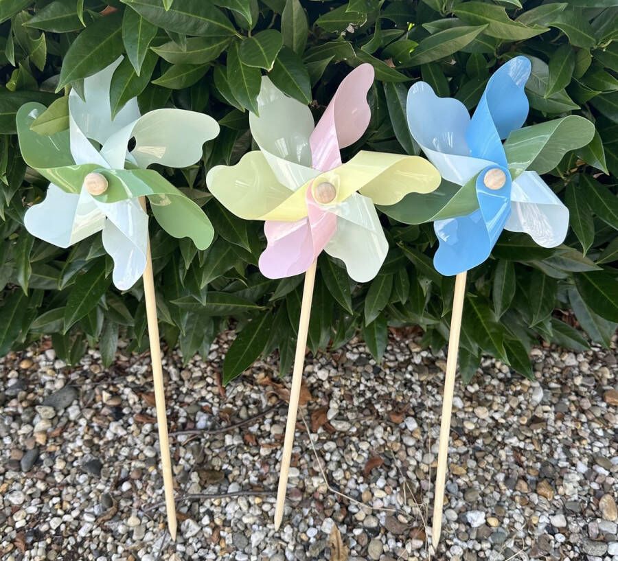 Impuls Set van 3 windmolens kunststof+houten steker multi-colour- meerkleurig dia 17 cm x hoogte 48 cm Tuinaccessoires tuinstekers