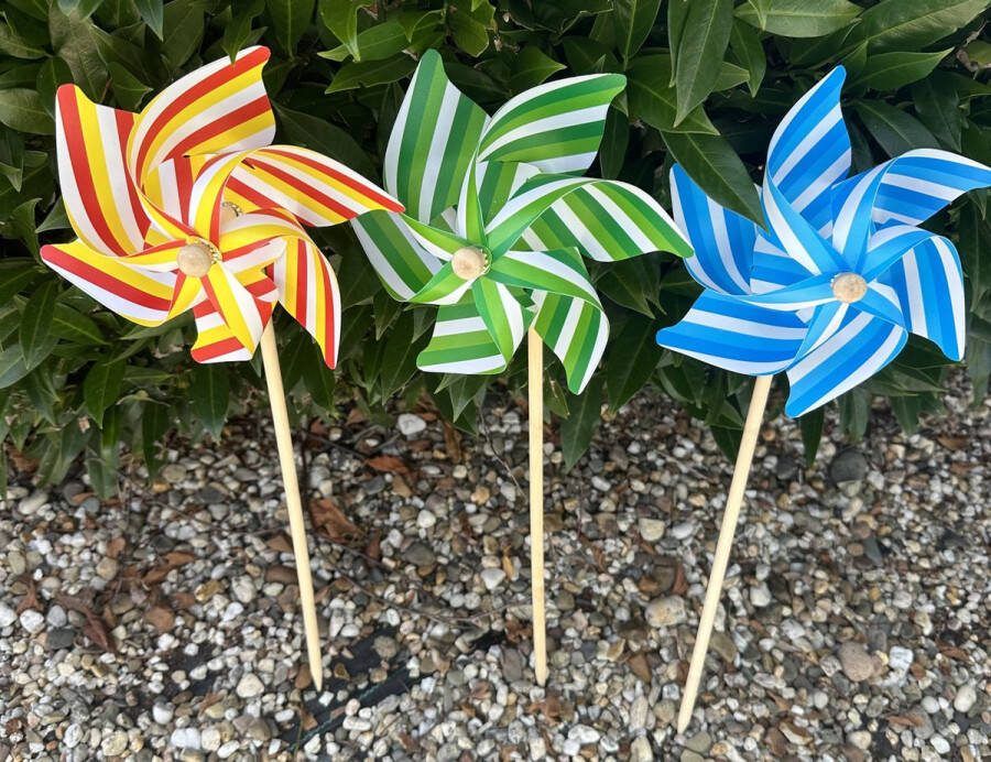 Impuls Set van 3 windmolens kunststof+houten steker multi-colour + streeptjes motief- meerkleurig dia 17 cm x hoogte 48 cm Tuinaccessoires tuinstekers