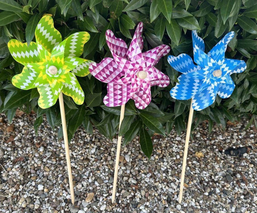 Impuls Set van 3 windmolens kunststof+houten steker wieber motief- meerkleurig dia 17 cm x hoogte 48 cm Tuinaccessoires tuinstekers
