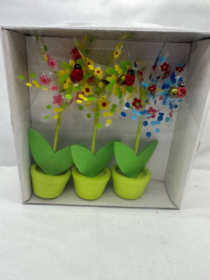 Impuls Set van 3 windmolentjes in pot kunststof+houten steker bloemetjes + lieveheersbeestje- meerkleurig + groene potjes- dia 9 cm x hoogte 16 cm Tuinaccessoires tuinstekers