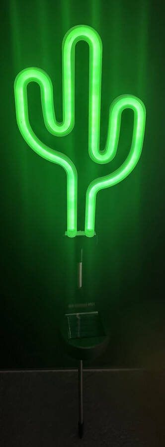 Impuls Solar LED Cactus met neon licht op tuinsteker kunststof en metaal groen licht met LED staand model hoogte 75 x 15 x 2 cm Tuindecoratie Tuinverlichting Tuinstekers