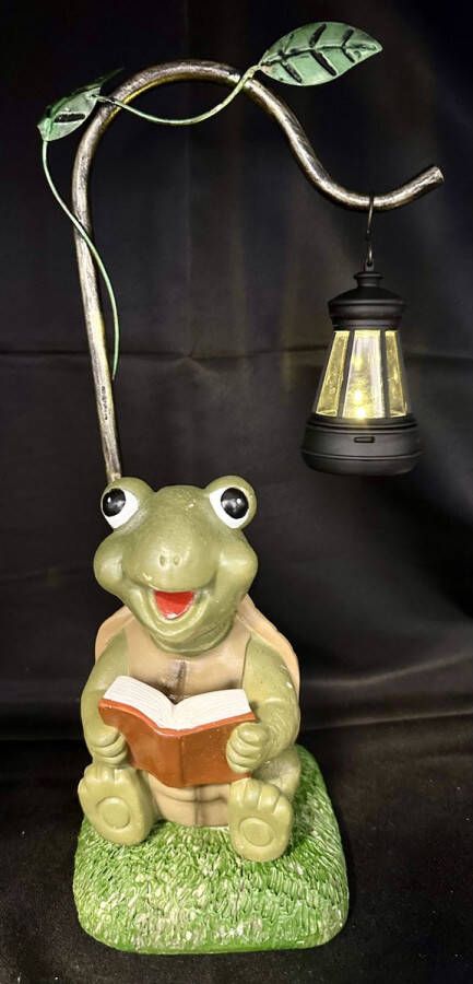 Impuls Solarlamp tuindier Schildpad met boek polyresin dier metalen tak en kunststof lantaarn meerkleurig met 1 LED staand model hoogte 32 x 16 x 10 cm Tuindecoratie Tuinverlichting