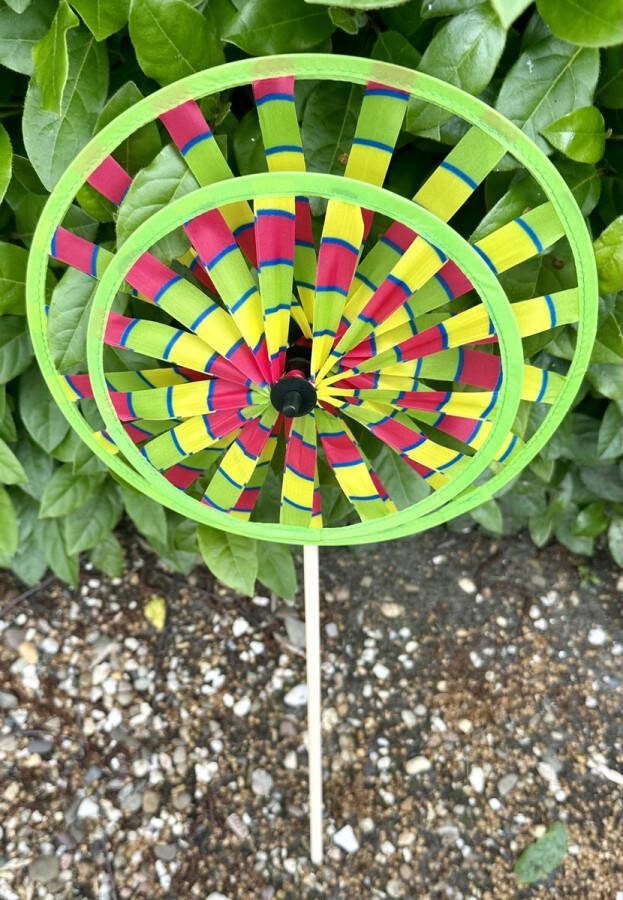 Impuls Windmolen met dubbel windrad nylon + houten steker meerkleurig breedte 25 cm x hoogte 56 cm Tuinaccessoires Tuinstekers