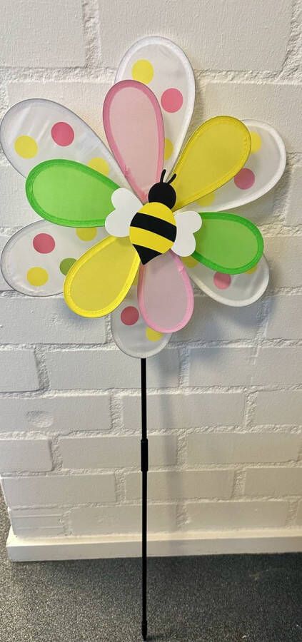 Impuls Windmolen met dubbele bloem en bij nylon + kunststof steker meerkleurig breedte 38 cm x hoogte 95 cm Tuinaccessoires Tuinstekers
