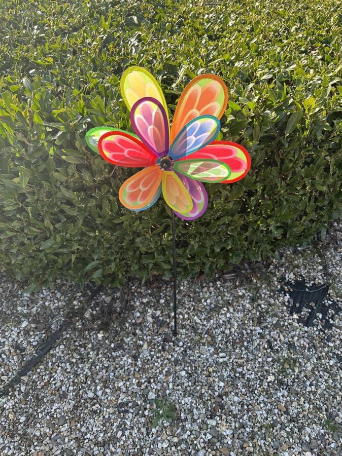 Impuls Windmolen met dubbele bloem Multicolour nylon + kunststof steker- dia 38+28 cm x hoogte 88 cm Tuinaccessoires Tuinstekers