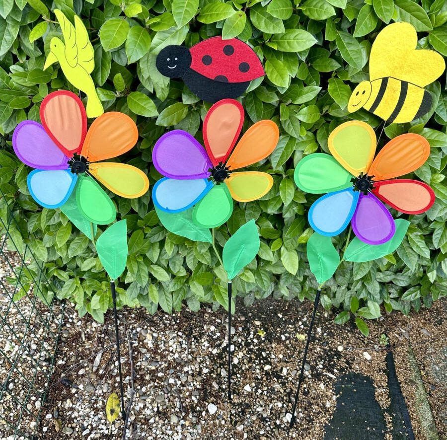 Impuls Windmolen met vogel bij lieveheersbeestje Set van 3 stuks dieren van vilt+ nylon + kunststof steker meerkleurig breedte 23 cm x hoogte 90 cm Tuinaccessoires Tuinstekers