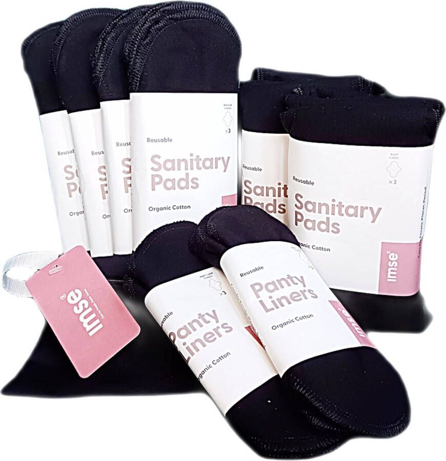 ImseVimse Full cycle kit zwart set pakket wasbaar maandverband voor je complete menstruatie cyclus voordeelpakket 12 stuks dagverband 6 stuks nachtverband en 6 stuks inlegkruisjes duurzaam herbruikbaar zonder plastic
