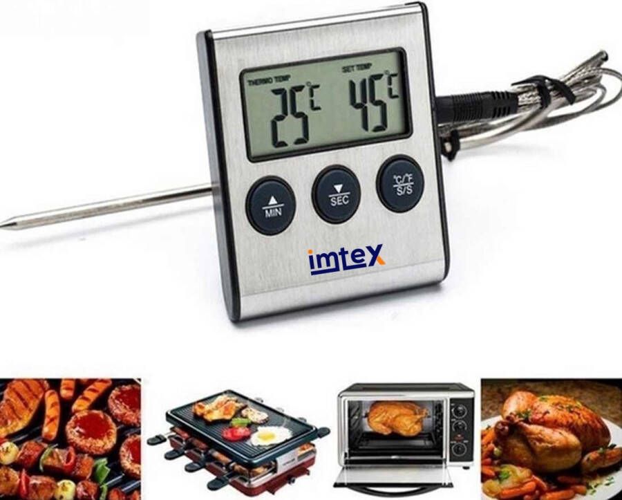 Imtex Digitale vlees Thermometer met Timer RVS Keukenthermometer