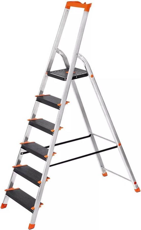 In And Outdoormatch Huishoudtrap PRO 6 treden Becky Keukentrap Opvouwbaar 48 5x12x202cm Zilver-Antislip 150kg