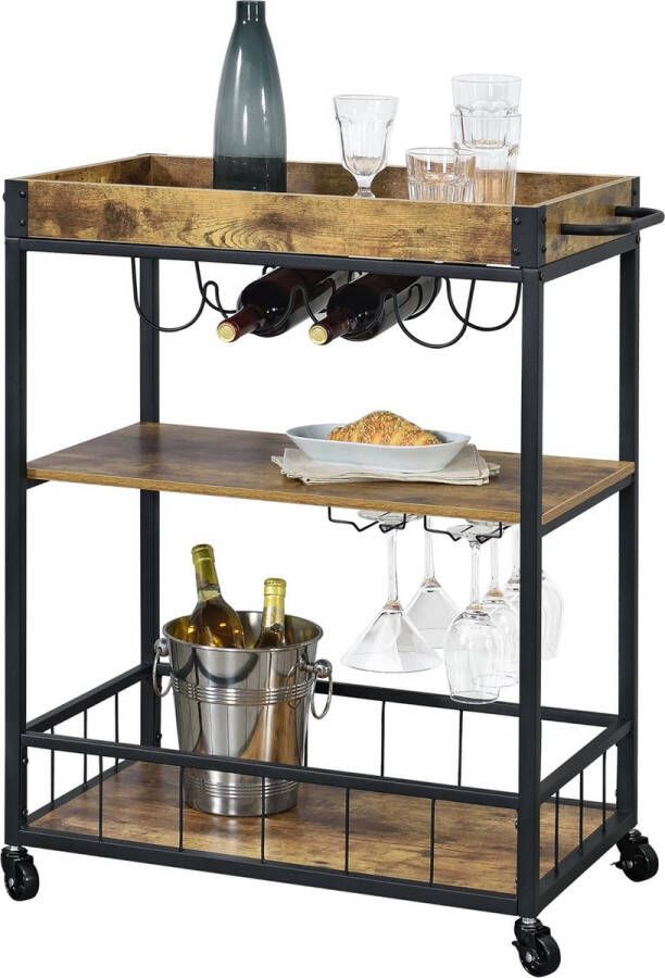 In And Outdoormatch Keukentrolley Ciara Met Wijnrek en Wijnglashouder 89.5x67x40 cm Donker Houtkleurig en Zwart Spaanplaat