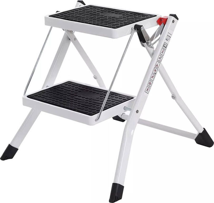 In And Outdoormatch Opklapbare opstap Jurgen met 2 treden Trapladder Ladder 20 cm brede trede Antislip Rubberen mat Met draagbeugel Belastbaar tot 150 kg Gemaakt van staal Gecertificeerd door TV GS Wit Zwart