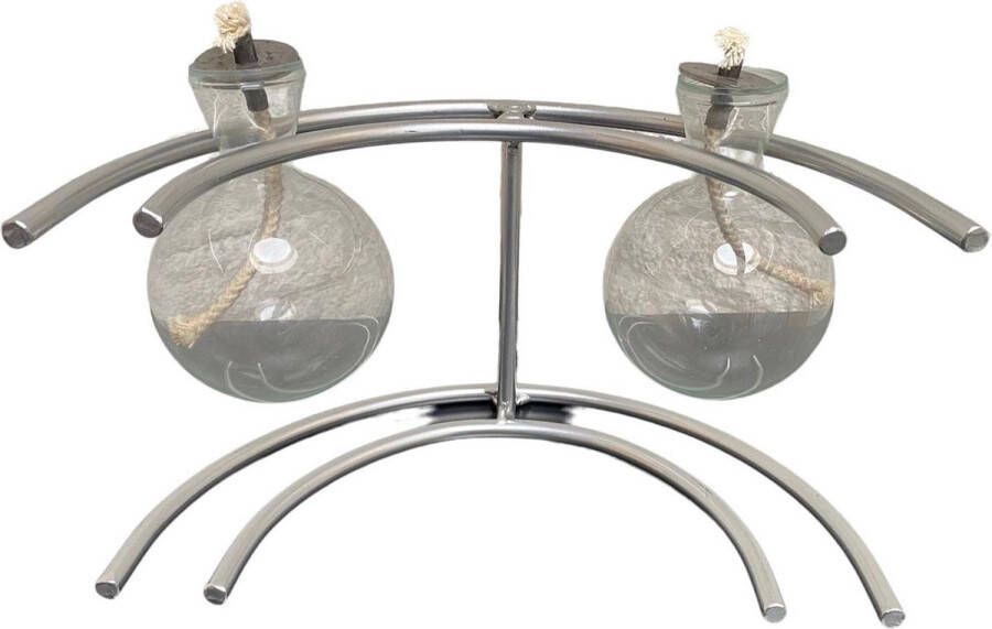 In & Out Deco olielamp met twee glazen bollen met gebogen houder kleur aluminium