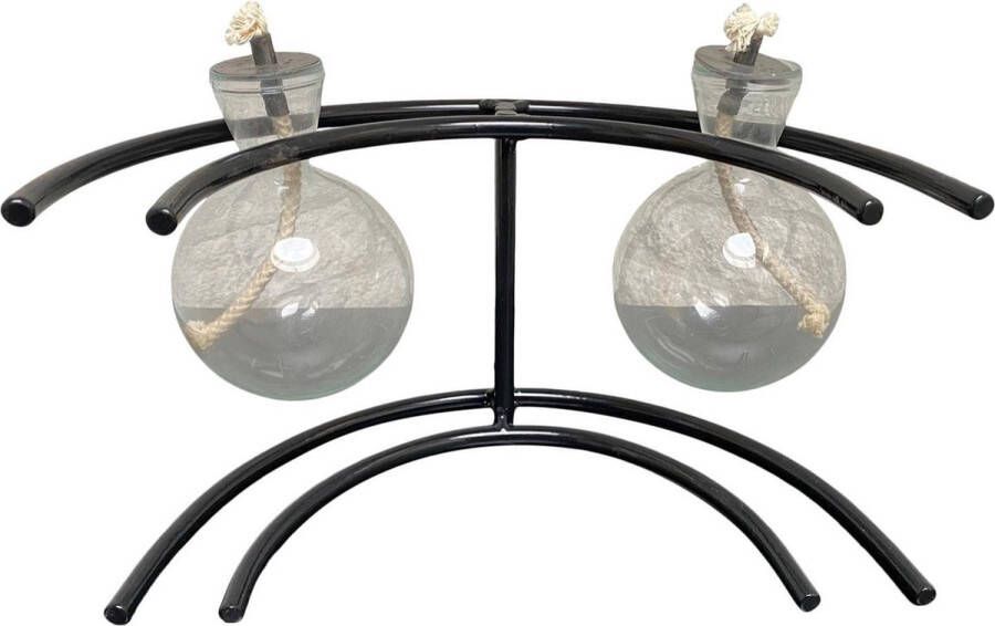 In & Out Deco olielamp met twee glazen bollen met gebogen zwarte kleur houder