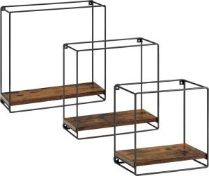 IN-HOMEXL IN.HOMEXL – Meiyah Zwevende Wandplank Set van 3 5 Haken voor Kledinghangers – Industrieel Vintage Bruin Zwarte – 32-27-22cm