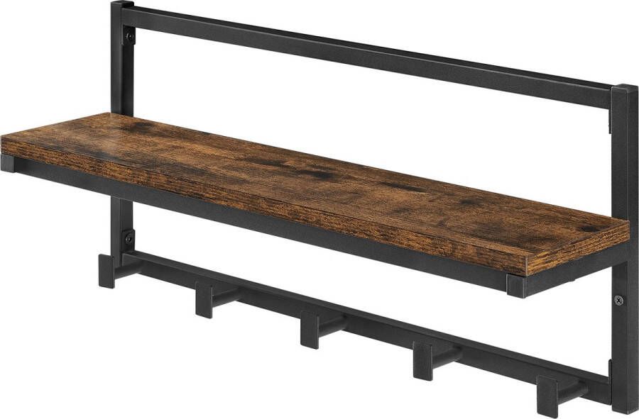 IN-HOME IN.HOMEXL Steve Kapstok met Plank Retro Kapstok voor Kledinghangers Industrieel Vintage Bruin met Zwarte Haken 60x25x15cm 5 Haken