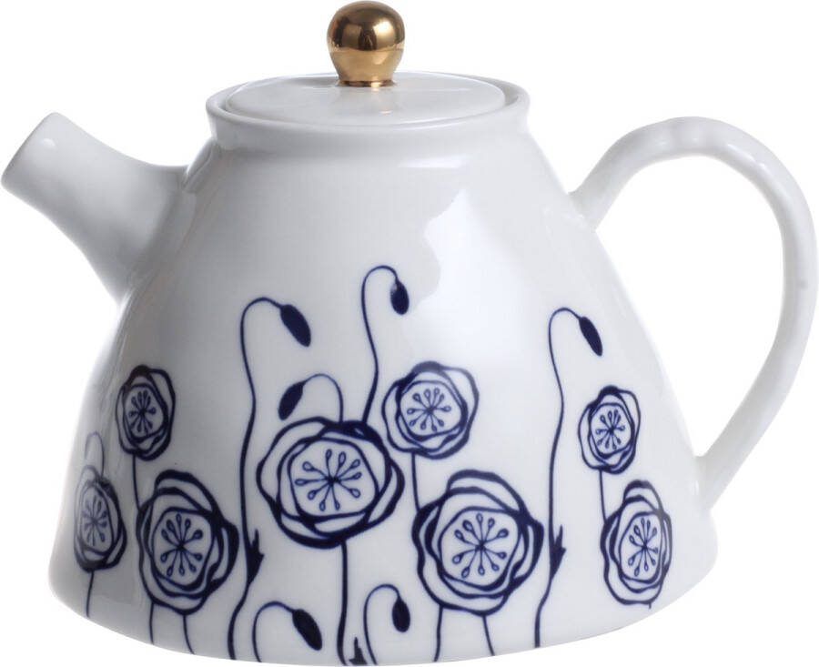INDIGO MOOD KERAMISCHE THEEPOT 1075 ML “ ” AFM. 16 X 13 8 X H 19 4 CM 1 WIT DESIGN EN BLAUWE BLOEMEN