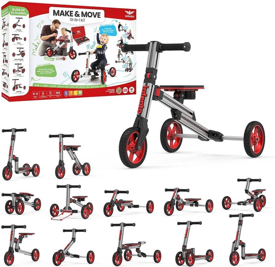 Infento Make & Move Kit 13-in-1 Kindervoertuig bouwpakket Loopfiets Driewieler Step 0-6 jaar