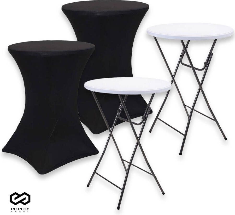 Infinity Goods 2x Stevige Statafel + 2x Zwarte Statafelrok Partytafel Robuust en Weersbestendig Inklapbaar 80cm x 110cm Feest Wit Zwart