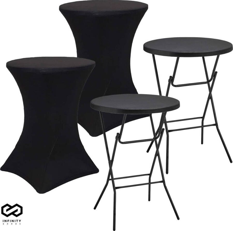 Infinity Goods 2x Stevige Zwarte Statafel + 2x Zwarte Statafelrok Partytafel Robuust en Weersbestendig Inklapbaar 80cm x 110cm Feest