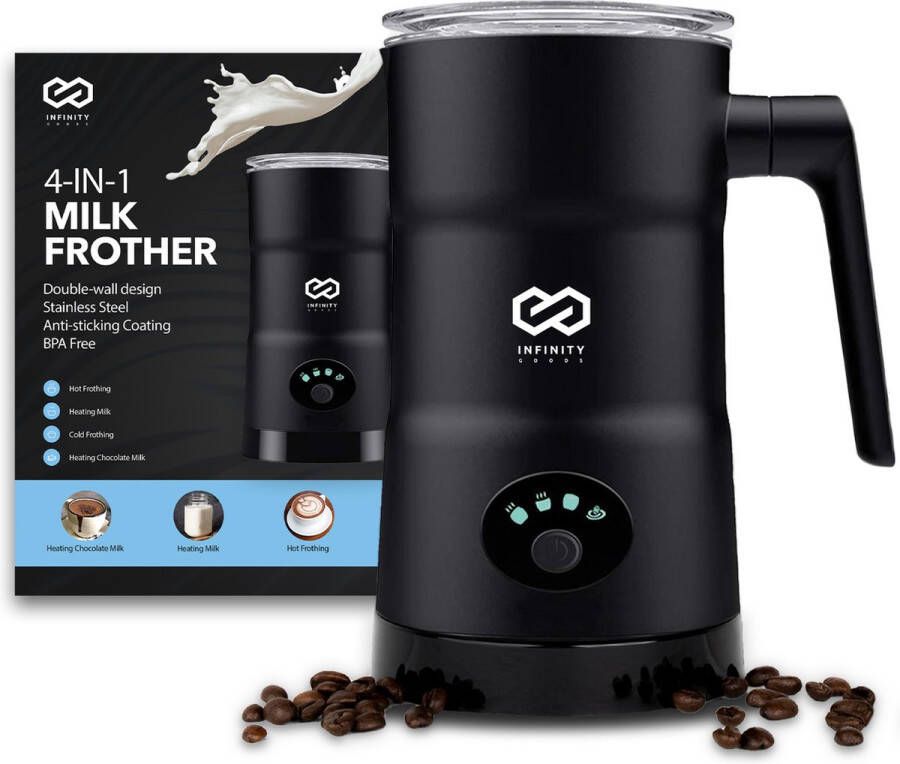 Infinity Goods 4-in-1 Elektrische Melkopschuimer 350 ml Opschuimen en verwarmen Cappuccino Vaatwasserbestendig Zwart