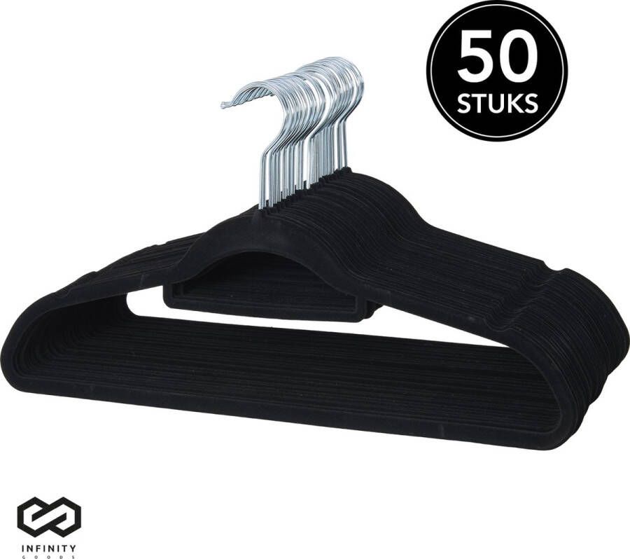 Infinity Goods 50 Kledinghangers Fluweel Kleerhanger met Anti-Slip Broekhanger Metalen Haak Volwassenen 50 Stuks Zwart