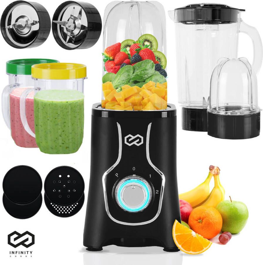 Infinity Goods Blender Smoothie Maker 3-in-1 Blender To Go 4 Bekers 1000ML Kan Mini Blender Zwart