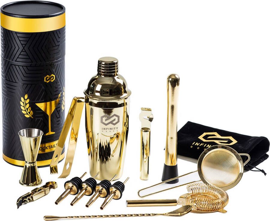 Infinity Goods Cocktailset 15 Delige Gouden Cocktail Shaker Set Luxe Cadeauverpakking Fluwelen Bewaarhoes Inclusief Recepten Goud