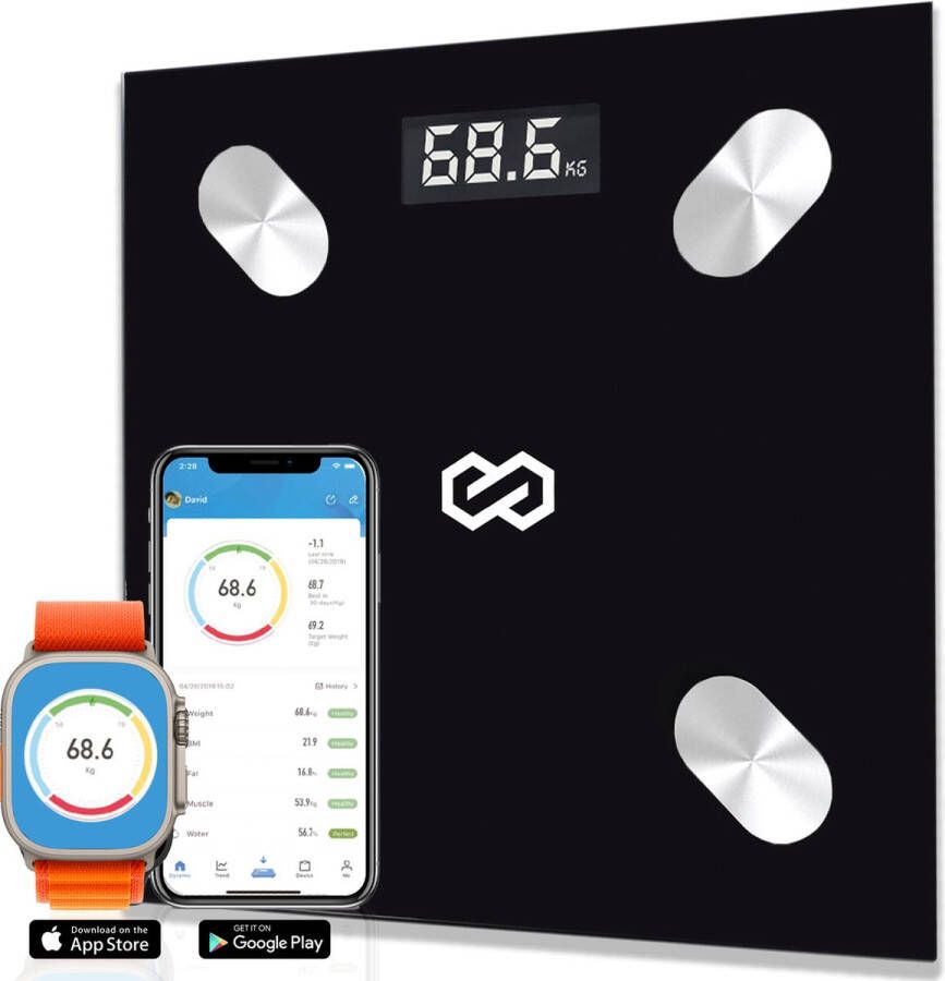 Infinity Goods Digitale Personenweegschaal met App Smart Scale Slimme Weegschaal Met Lichaamsanalyse Zwart