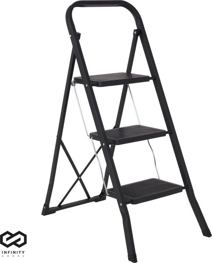 Infinity Goods Stevige Huishoudtrap 3 Treden Keukentrap Inklapbaar Anti-Slip Trap Ladder Opvouwbaar Metaal Zwart