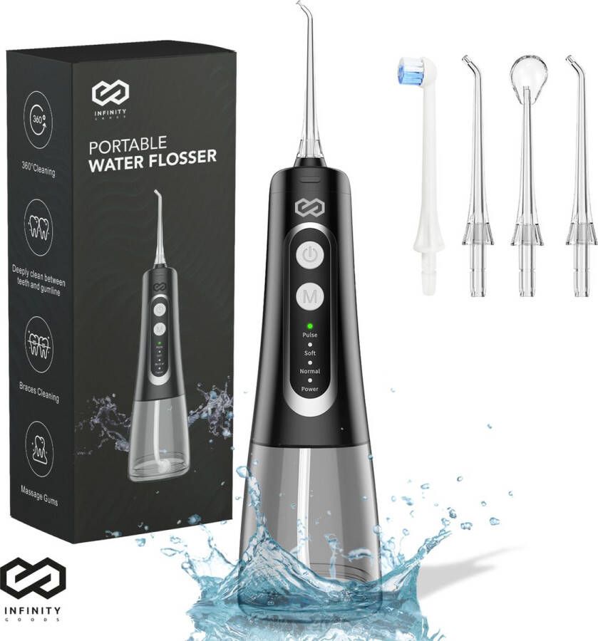 Infinity Goods Waterflosser Monddouche Elektrisch Flosapparaat Draadloos En Oplaadbaar 5 Opzetstukken Zwart