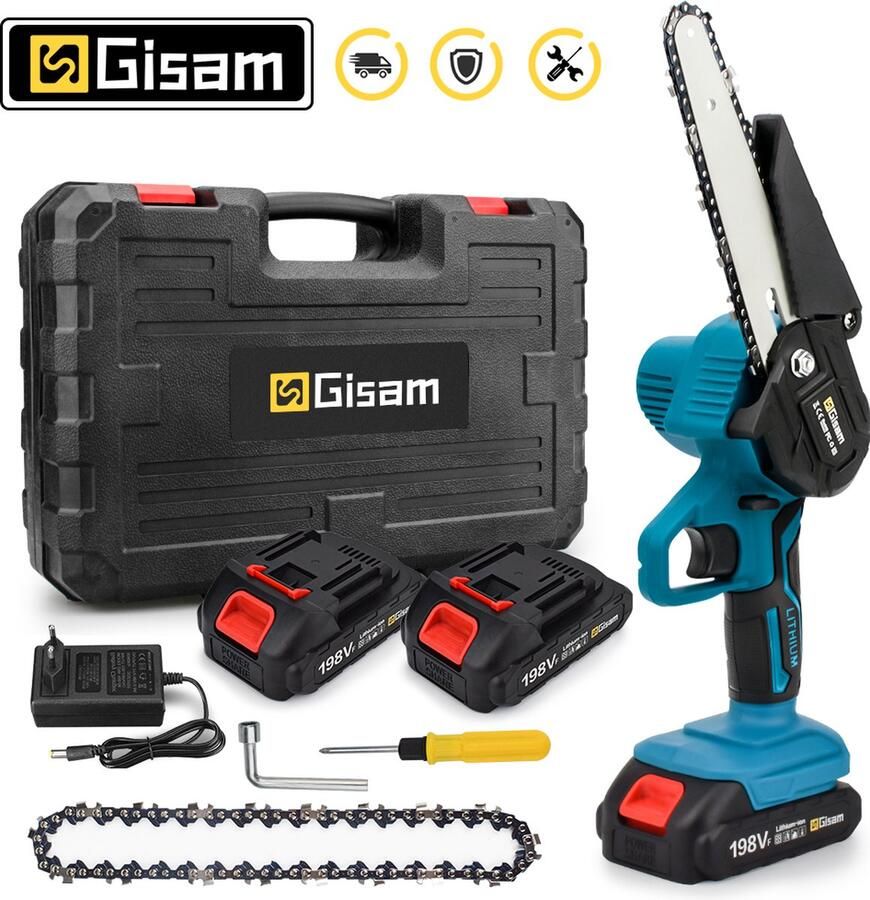 Info volgt Jodary mini Kettingzaag Snoeizaag Rood 2x18v Accu Extra Ketting Lader Opbergkoffer Moersleutel Schroevendraaier