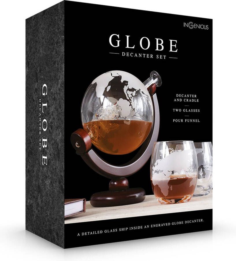 Ingenious Gifting Glazen Wereldbol met Schip Decanteerder Whisky Whiskey Karaf Inclusief 2 Glazen 75017
