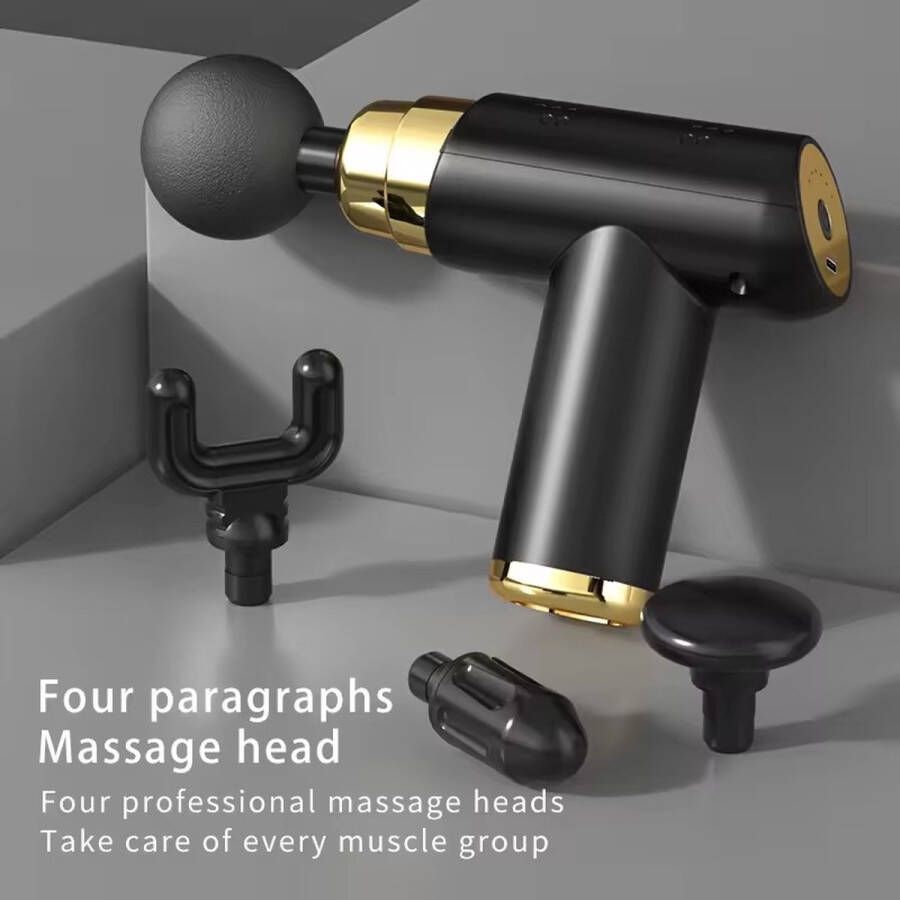 INGIA Massagegun BTTK Massagepistool Zwart-goud Professioneel en Krachtig Spier Ontspanning 4 Opzetstukken 5 Standen