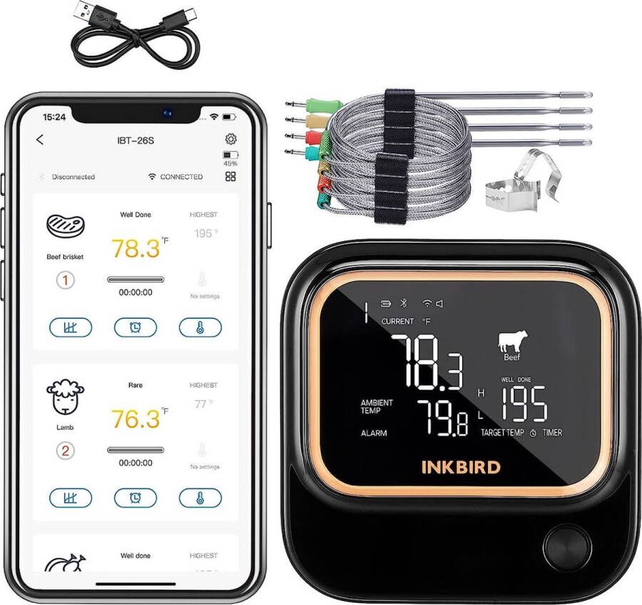 Inkbird IBT-26S Bluetooth Wi-Fi Slimme BBQ Vleesthermometer