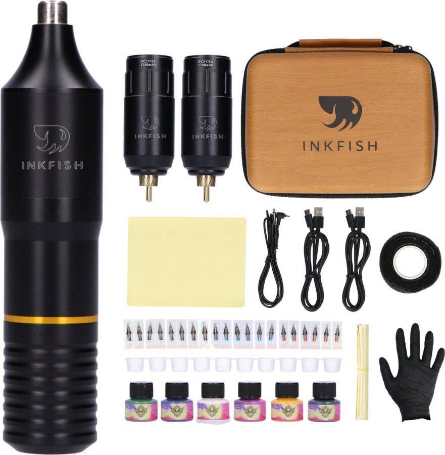 Inkfish Draadloze Tattoo Machine Set – PMU Inclusief 2 Batterijen 20 naalden Tattoo inkt 2 Oefenhuiden Transferpaper Inktcups en Leren Koffer – Beginner & Gevorderden Set Compleet Toebehoren Kit Gun Zwart