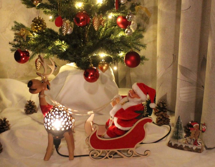 INME Handgemaakte duurzame kokosnoot nachtlamp rendier met slee (kerstman niet inbegrepen) – Eco-Friendly Handmade night lamp reindeer with sleigh standing (Santa not included)
