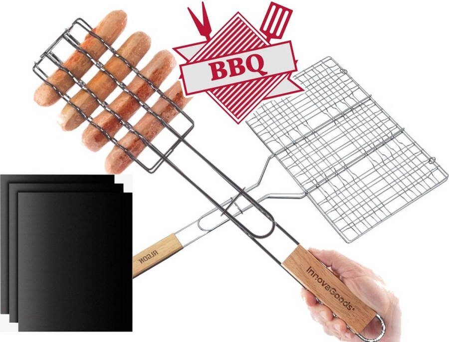 Innovagoods BBQ rooster en klem set van 3 Worstjestang Bbq mat (3x) Barbecue rooster Hamburger klem