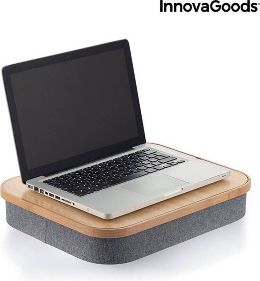Innovagoods Draagbare Multifunctionele laptoptafel Bijzettafel met opbergbak Linnen kussen Bed of Bank Grijs en Houtkleur