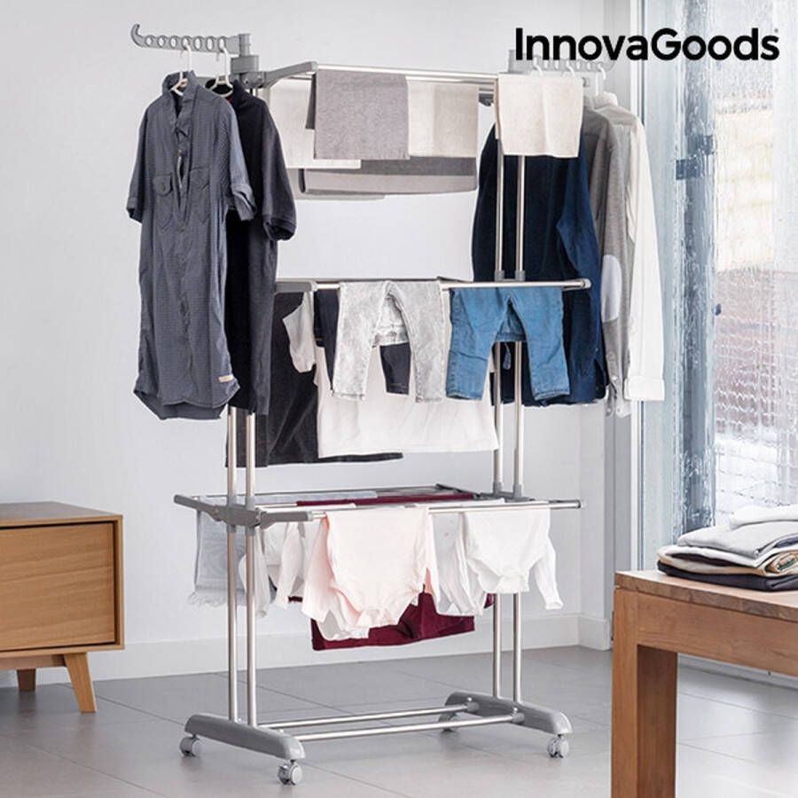 Innovagoods OPVOUWBARE WASLIJN MET WIELEN (18 STANGEN) Waslijn uittrekbaar Drooglijn Droogtoren Wasrek inklapbaar Wasrek Droogrek