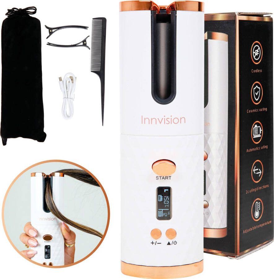 Innovision Innvision Automatische Krultang draadloos van beachy waves tot pijpekrul wit