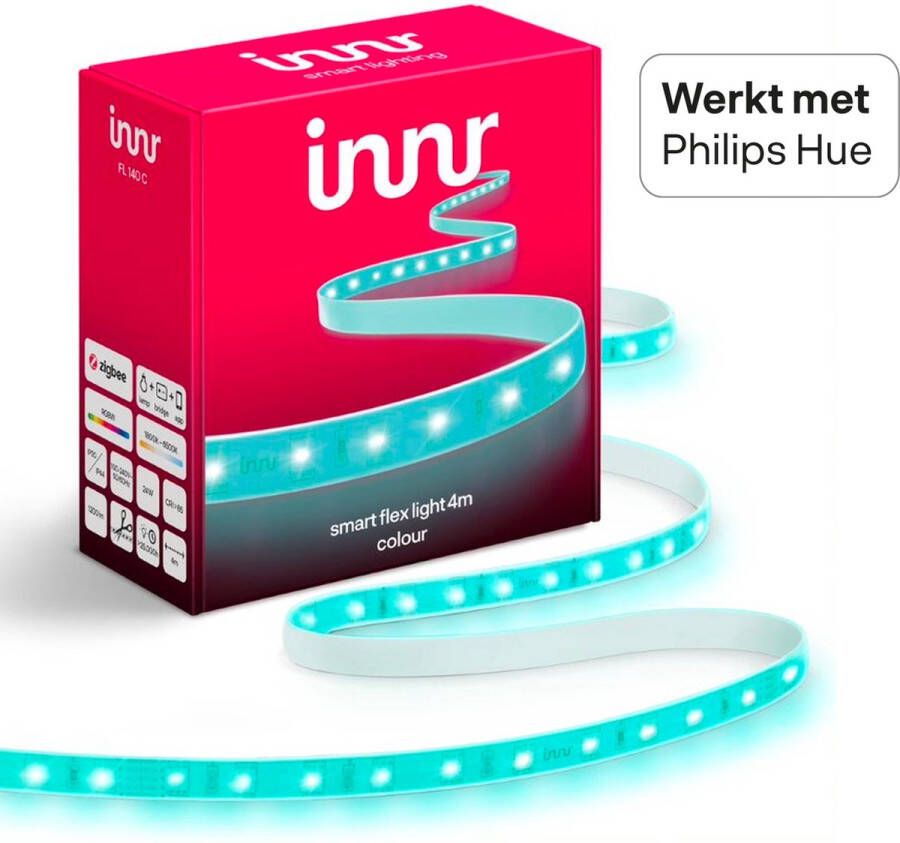Innr slimme led strip 4 meter color is geschikt voor Philips Hue* 16 miljoen kleuren en alle wittinten Zigbee smart LED lamp dimbaar en tunable