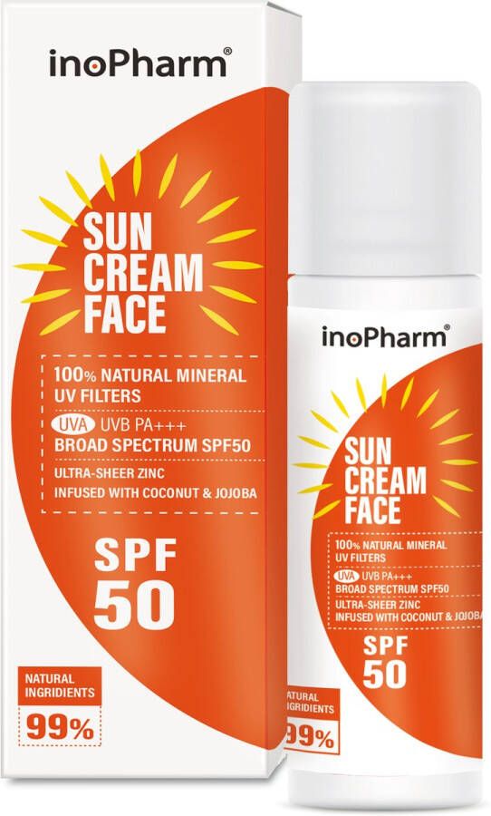 InoPharm Suncream SPF50 UVA UVB Minerale Zonnebrand Gezicht 100% Natuurlijke Minerale UV Filters met Vitamine E 35gr