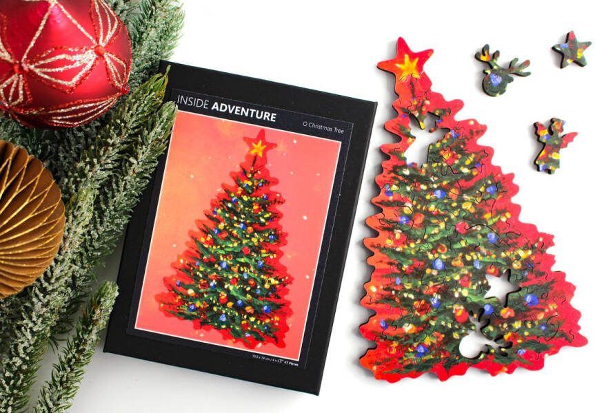 Inside Adventure Kerstboom Houten Puzzel voor Kerst Kinderen en Volwassenen Unieke Whimsy Stukjes 47 Stukjes Vormenpuzzel