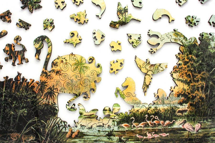 Inside Adventure | Unieke stukjes in de Vorm van Dieren en Planten | 3D Flamingo Houten Puzzel voor Kinderen en Volwassenen | Unieke Whimsy Stukjes | 277 Stukjes | Vormenpuzzel
