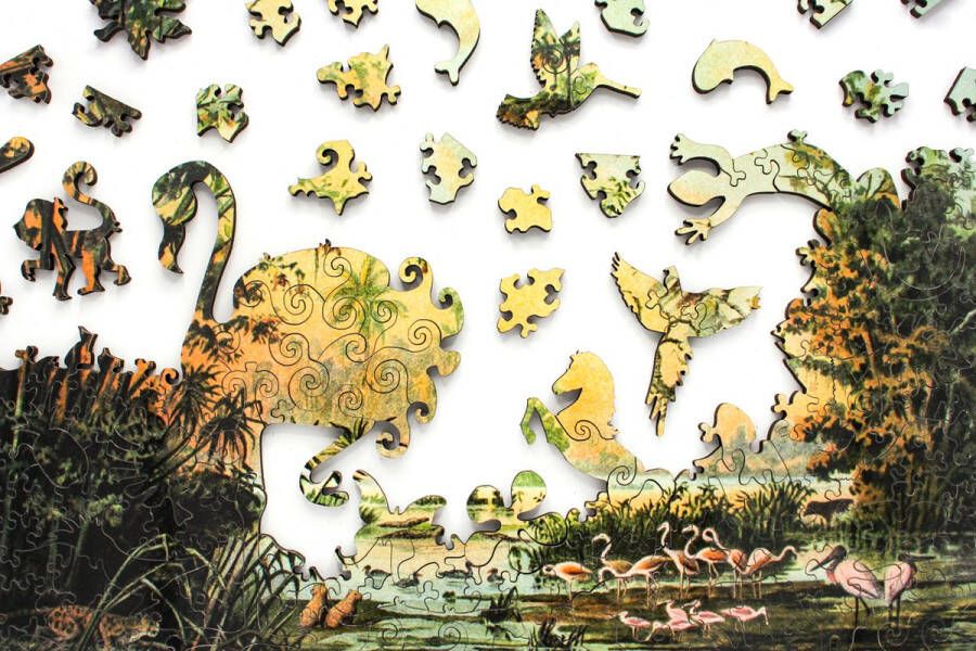 Inside Adventure | Unieke stukjes in de Vorm van Dieren en Planten | 3D Flamingo Houten Puzzel voor Kinderen en Volwassenen | Unieke Whimsy Stukjes | 277 Stukjes | Vormenpuzzel