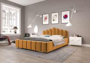 InspireME Gestoffeerd bed met opbergruimte voor beddengoed BOXSPRING BETT 03 180x200 Donker geel (TRINITY 26)