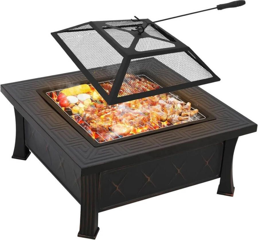 Instinct 3-in-1 Vuurkorf – Metalen Vuurplaats met Vonkbescherming en Grillrooster voor Barbecue Buiten 81x81x34.5 cm